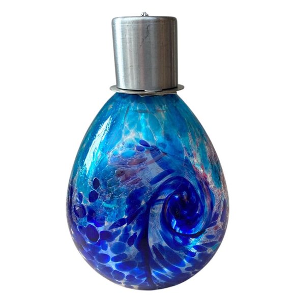 Hand Blown Art Glass Oil Lamp Blue & Purple Swirl with Silver Cap - Picture 2 of 9